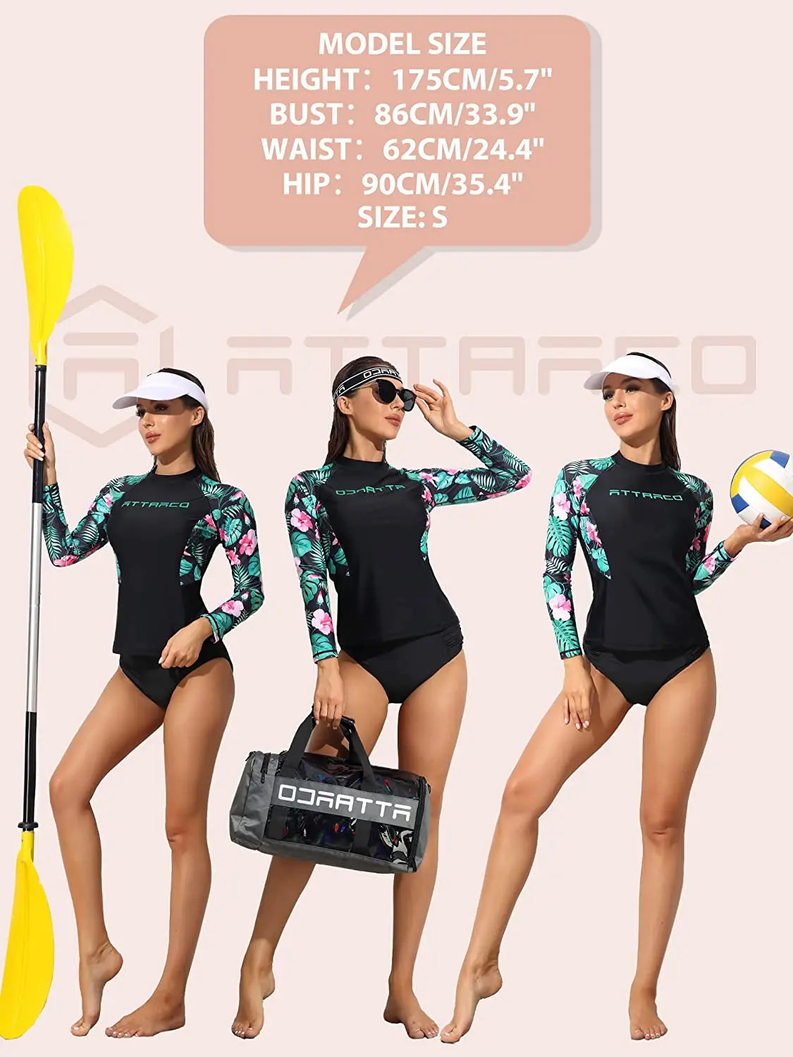 Anfilia Women Long Sleeve Rash Guard Shirts Swimwear Rash Guard Top Surf Top Floral Printing Close-fitting Shirt UPF 50+