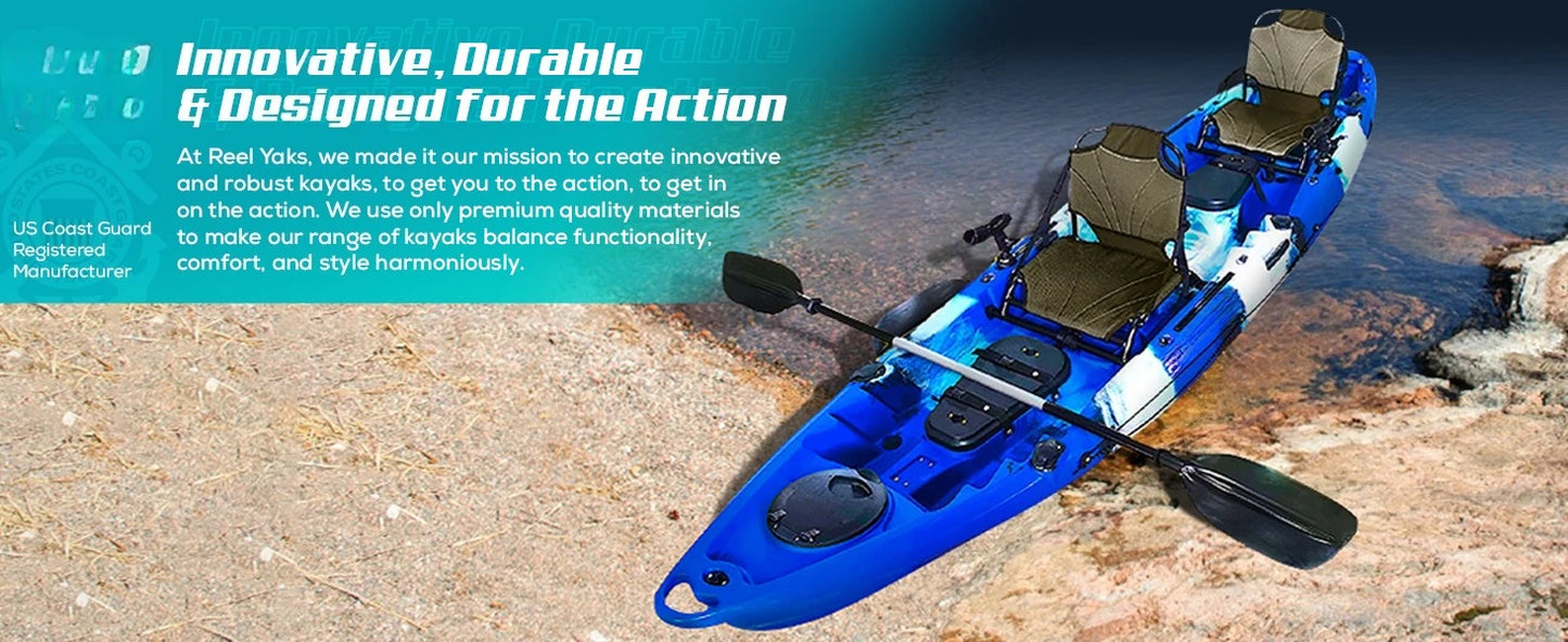 Reel Yaks Tandem Fishing Angler Kayak 12.5ft Sit On Top Boat for 2 3 Persons 550 lbs Capacity Stable W Hull Family Adventure