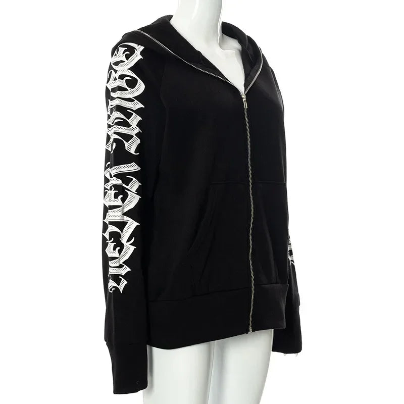 New 2024 Winter Letter Printed Zip Up Hoodie Streetwear Women Cyber Y2k Jackets Cardigan Gothic Punk Clothes Sweatshirts