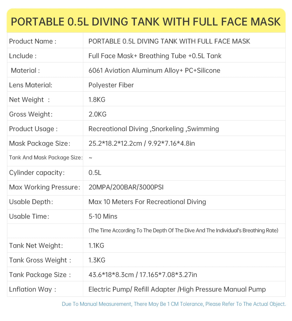DIDEEP 0.5Liter Mini Scuba Diving Tank Set,Up to 5-10 Mins Underwater Diving Cylinder,Portable Lungs Gear with HD Full Face Mask