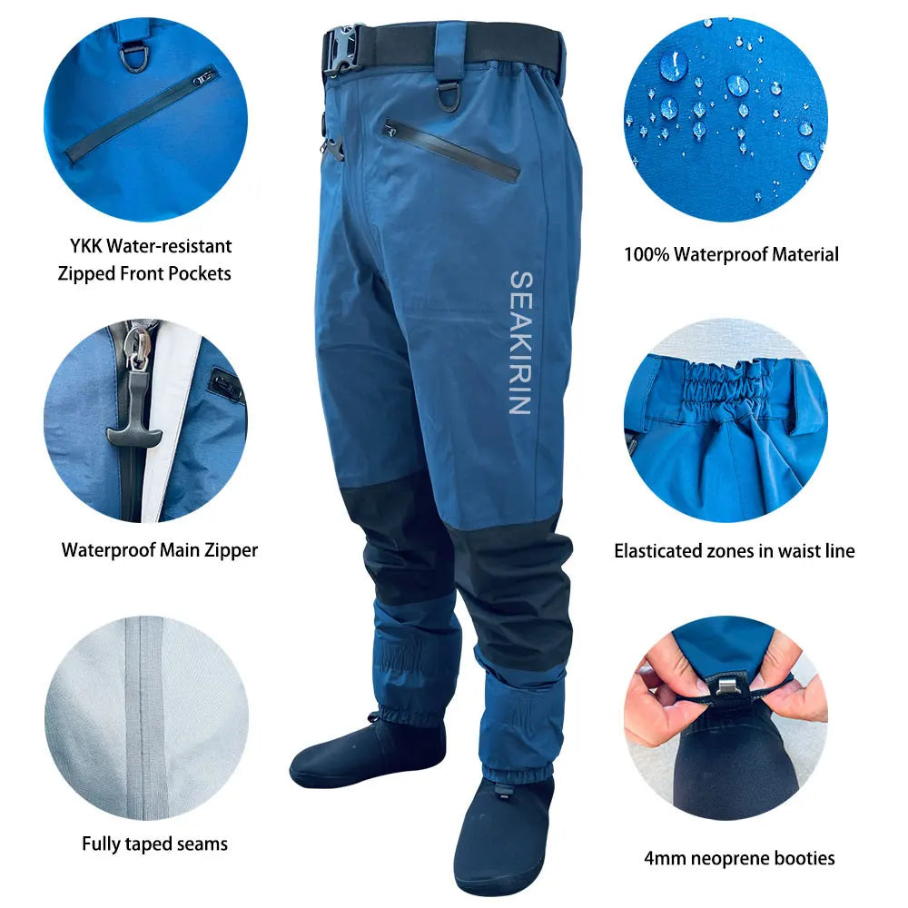 Waterproof Fishing Rain Suit Set Insulated Waist Wader and Hooded Wading Jacket Winter Sailing Clothing for Men&Women Navy Blue