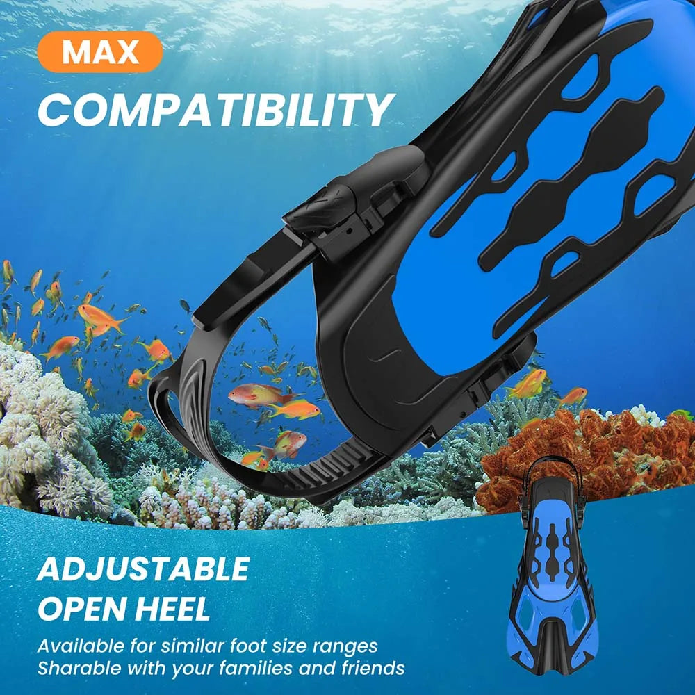 Snorkel Fins Swim Fins Travel Size Short Adjustable for Snorkeling Diving Adult Men Women Unisex Open Heel Swimming Flippers