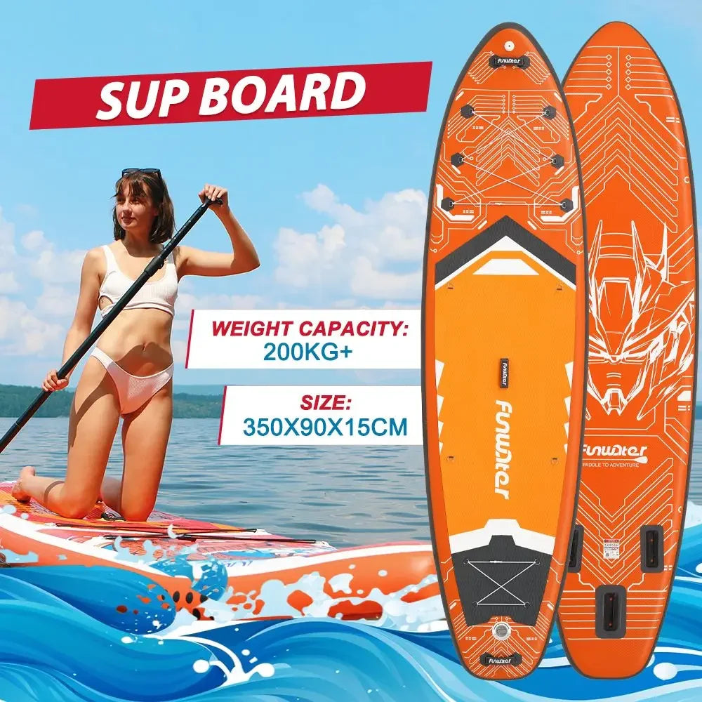 FunWater SUPFW50A 11'6" Inflatable SUP Board 200kg Capacity | Triple Fin System, Anti-Slip EVA Deck & Bungee - 13.3kg for Surf a