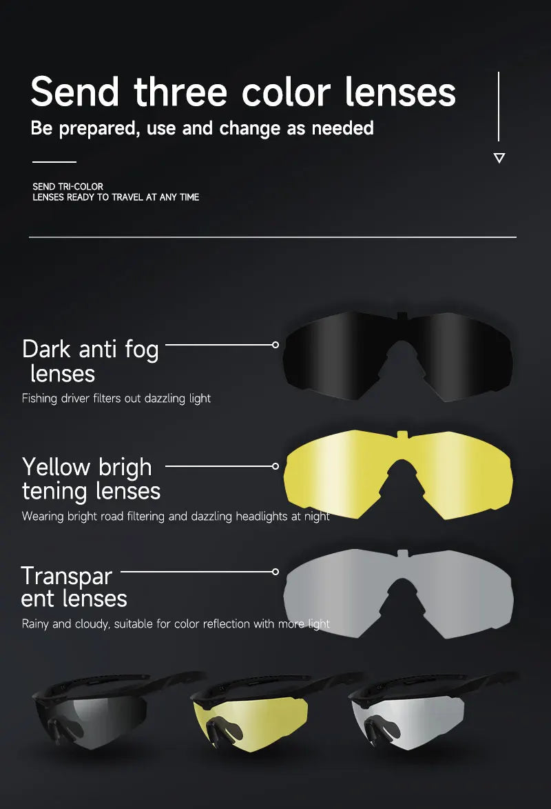 3 Lens Impact-Resistant Shooting Glasses 2.5mm Military Tactical Glasses Anti-Fog Windproof Road Cycling Goggles Antiparras