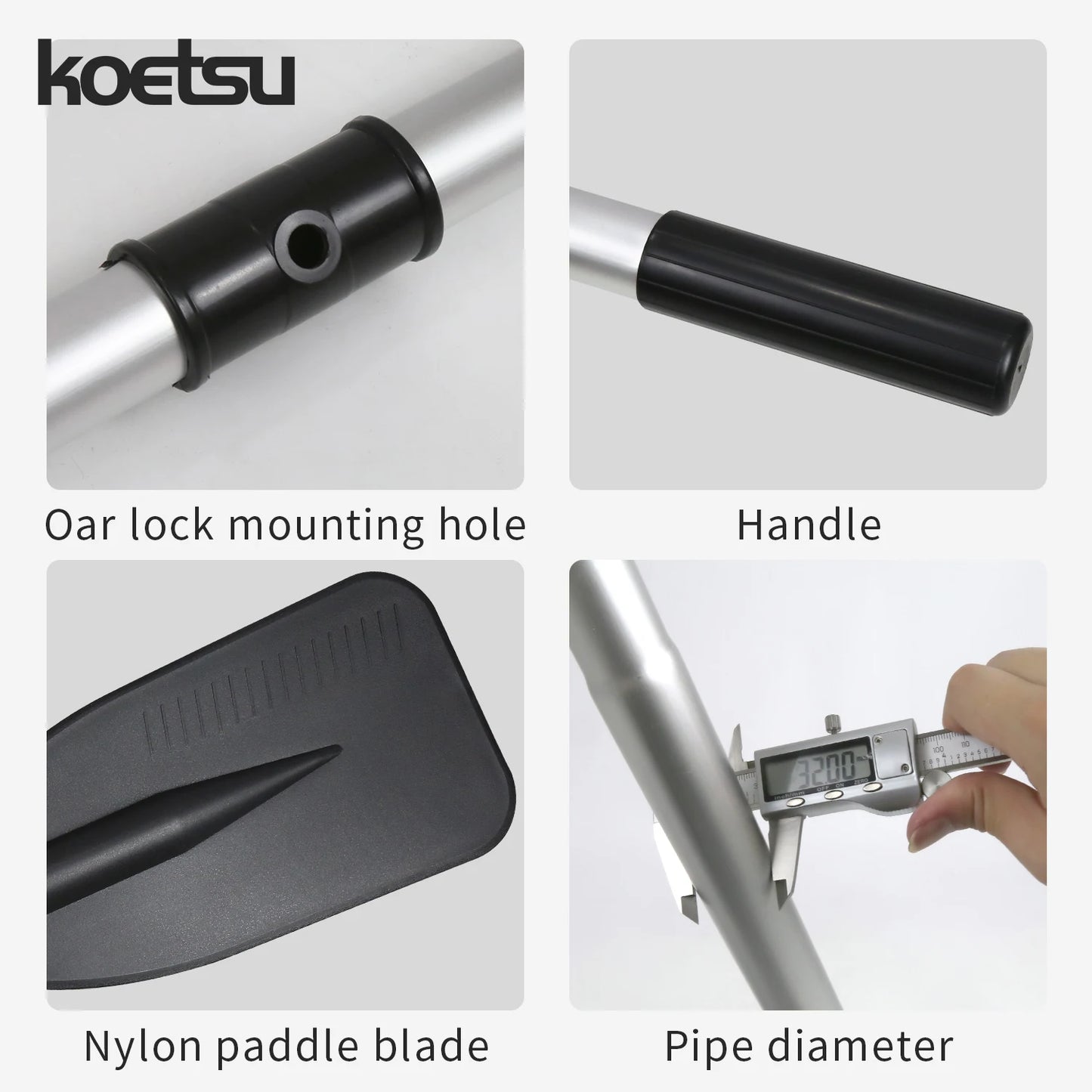 KOETSU 2-Pcs Marine Aluminum Oars. Features an aluminum shaft with nylon blades, for rowboats, kayaks, canoes, and inflatables.
