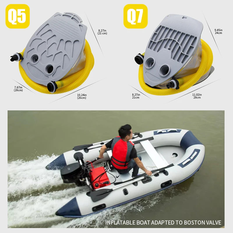 KOTESU foot-operated air pump for inflatable boats, SUP paddle boards, and kayaks, with a portable bellows design of 5L and 7L