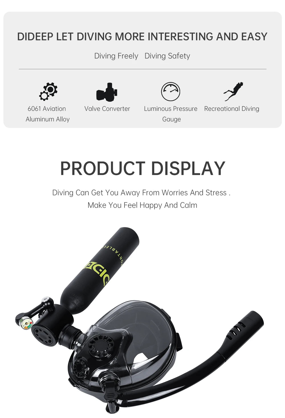 DIDEEP 0.5Liter Mini Scuba Diving Tank Set,Up to 5-10 Mins Underwater Diving Cylinder,Portable Lungs Gear with HD Full Face Mask