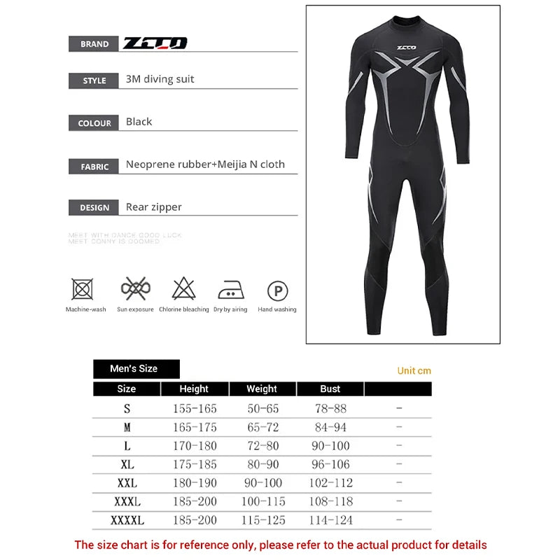 Neoprene Wetsuit 3mm Mens Long Sleevele One Piece Wetsuit Ultra Elastic Diving Suit Water Swimming Surfing Triathlon