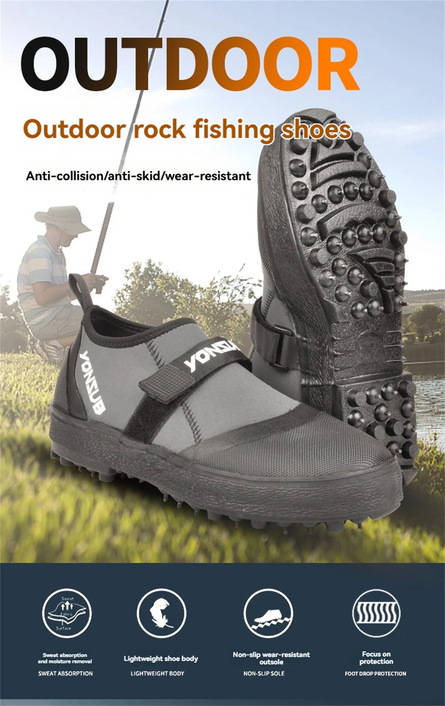 Yonsub Neoprene Adult Outdoor Rock Fishing And Reef Climbing Shoes , Sole Spikes Wear-resistant Non-Slip Wading Aqua Shoes