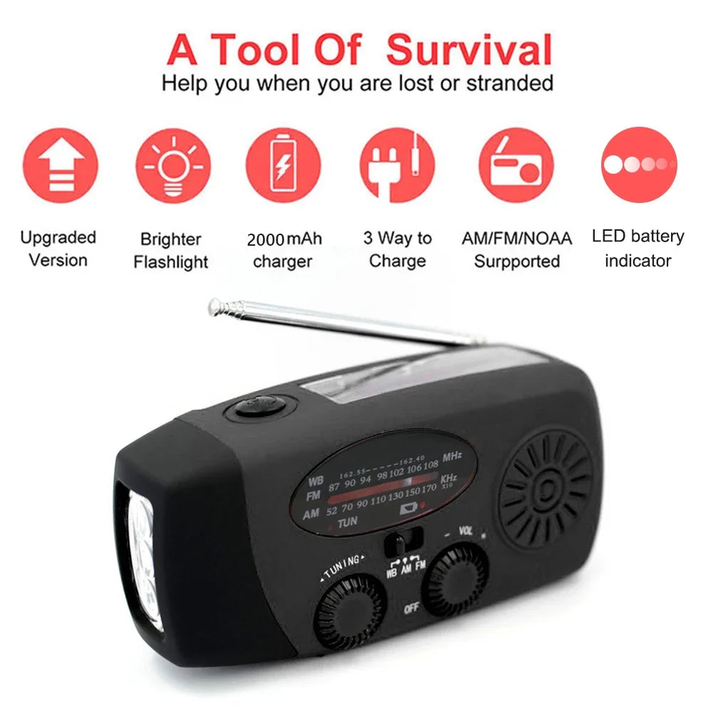 Portable Phone Charger with LED Lights Solar Hand Crank Radio USB Charged & Solar Power Multifunctional for Camping Emergency