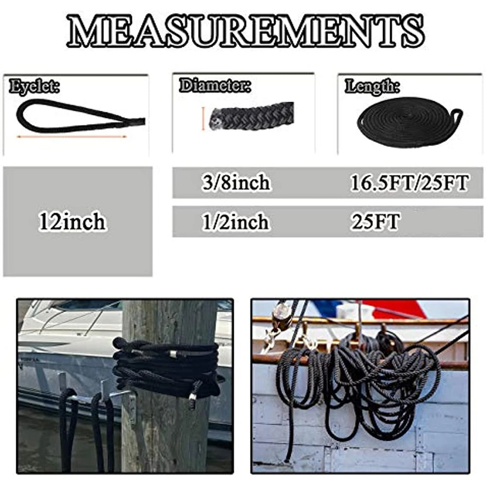 2pcs Nylon Boat Anchor Rope Double Braided Dock Lines Ropes for Boats with 12" Loop Marine Boat Rope Mooring Line 16.5ft 25ft