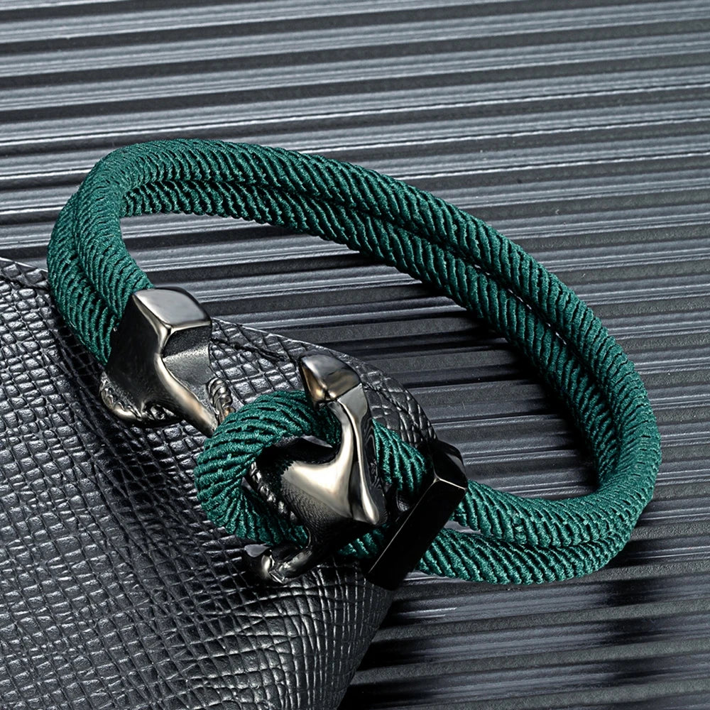 MKENDN Navy Anchor Bracelets Men Double strand Nautical Rope Bracelet Women Black Stainless Steel Surfer Sport Hook