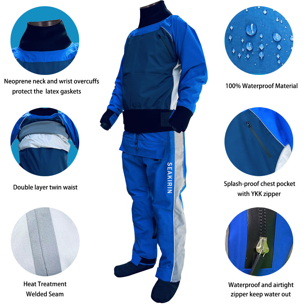 Mens Rear-Entery Drysuits For Kayaking Blue Dry Suit Waterproof Breathable Clothing for Whitewater Paddling,Swimming Keep Warm