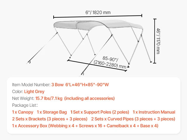 SucceBuy 3 Bow Boat Bimini Tops 600D Polyester Canopy with Aluminum Alloy Frame, Waterproof&Sun Shade Awning Canopy Fit for Boat
