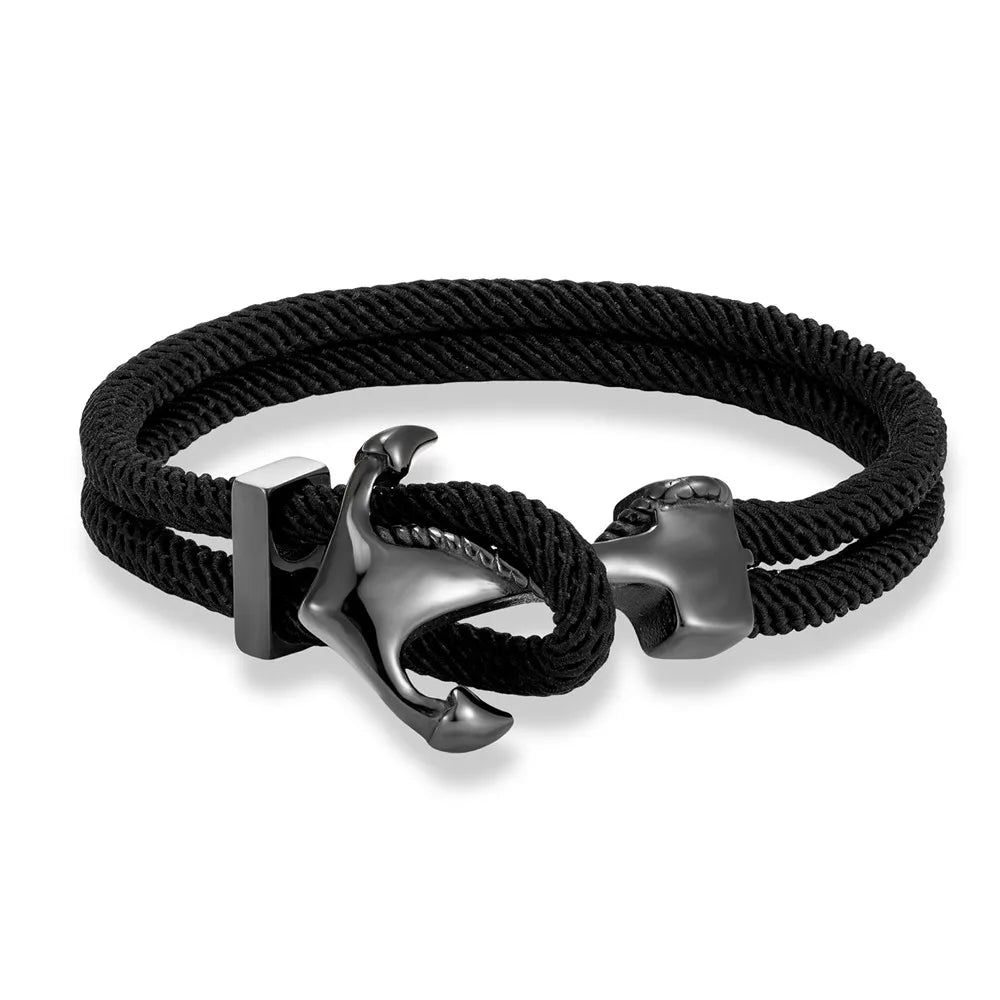 MKENDN Navy Anchor Bracelets Men Double strand Nautical Rope Bracelet Women Black Stainless Steel Surfer Sport Hook