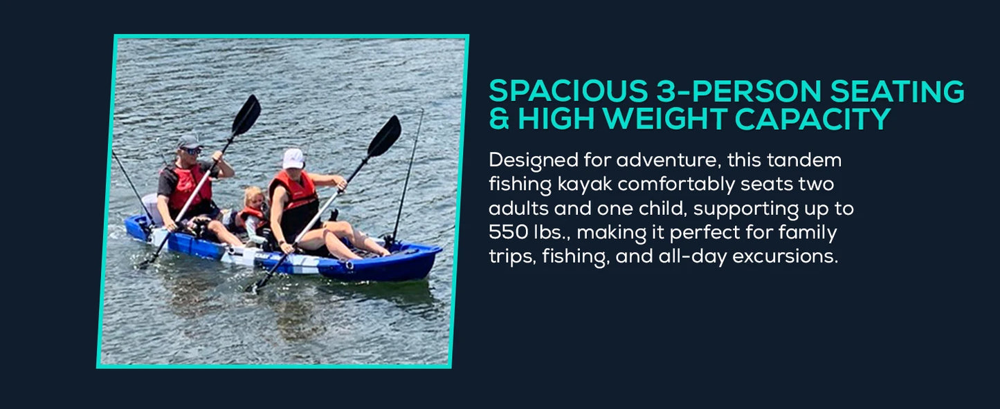 Reel Yaks Tandem Fishing Angler Kayak 12.5ft Sit On Top Boat for 2 3 Persons 550 lbs Capacity Stable W Hull Family Adventure