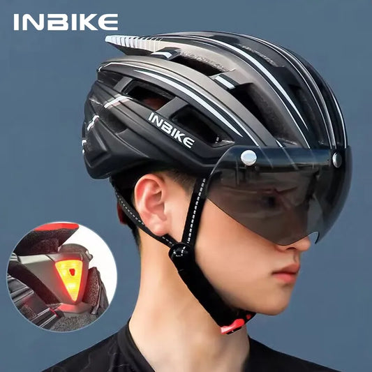 Capacetes de bicicleta INBIKE para homens com luzes ultraleve equitação ao ar livre óculos magnéticos capacete de ciclismo homem acessórios de bicicleta