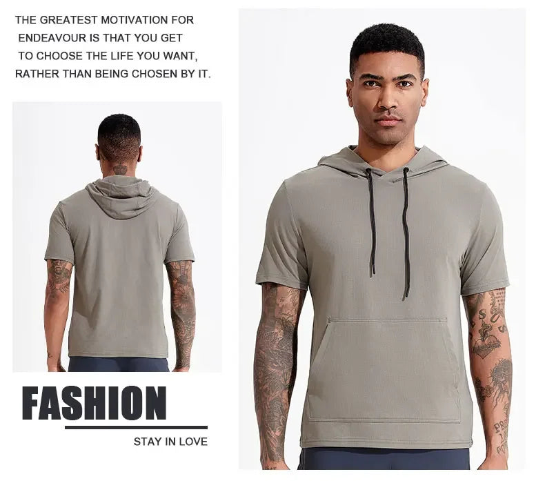 Mens Hoodies Sweatshirts Short Sleeve Tight Sports Jogging Compression Hoodie Outdoor Leisure Tees Casual Solid Color Hoody