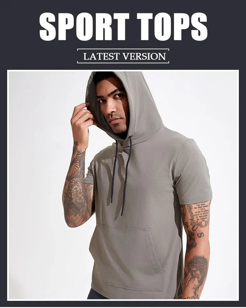 Mens Hoodies Sweatshirts Short Sleeve Tight Sports Jogging Compression Hoodie Outdoor Leisure Tees Casual Solid Color Hoody