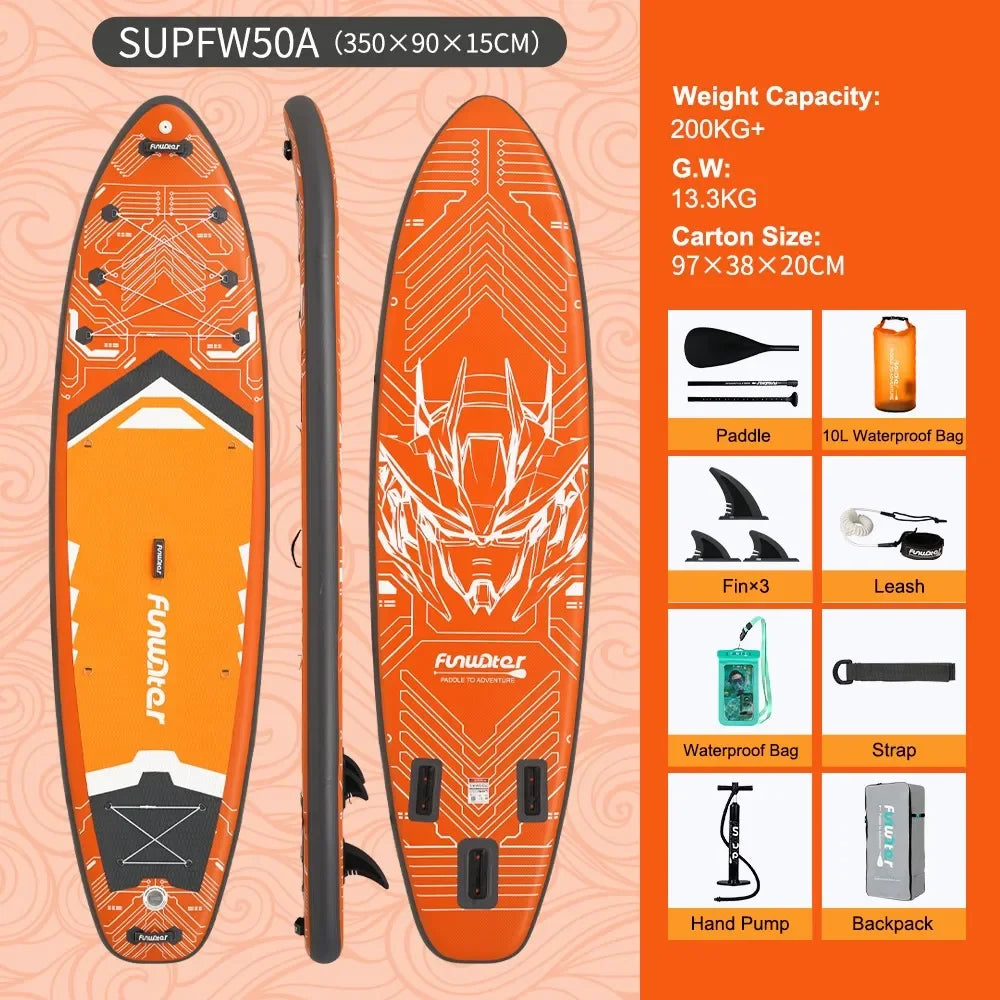 FunWater SUPFW50A 11'6" Inflatable SUP Board 200kg Capacity | Triple Fin System, Anti-Slip EVA Deck & Bungee - 13.3kg for Surf a