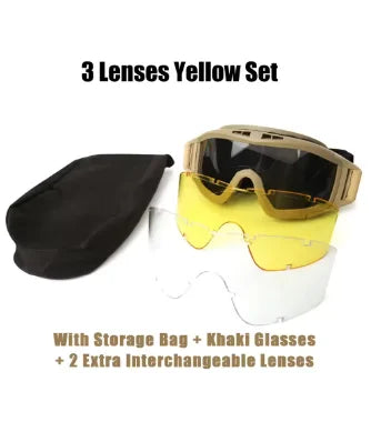 Goggles 3 lenses windproof dustproof shooting off-road motorbike mountain riding hiking glasses safety UV protection