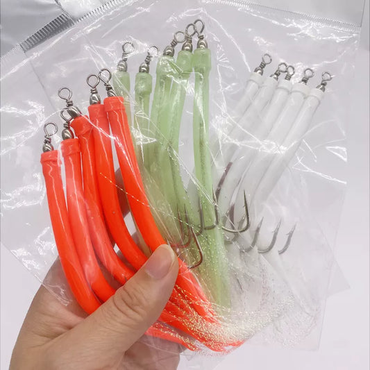 5Pcs*CodfishFishing Eel Tube Jig bait shank offset Hook Barbed Octopus Hook Rolling Swivel Thread Feather Sabiki Rig Sea Fishing