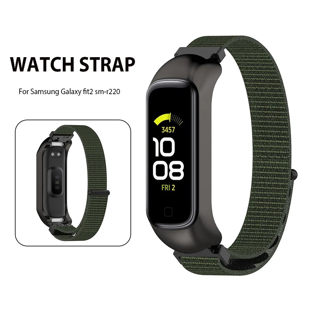 Pulseira de nylon para samsung galaxy fit 2 banda com moldura de liga de zinco relógio de pulso para samsung galaxy fit2 sm r220 pulseira de substituição