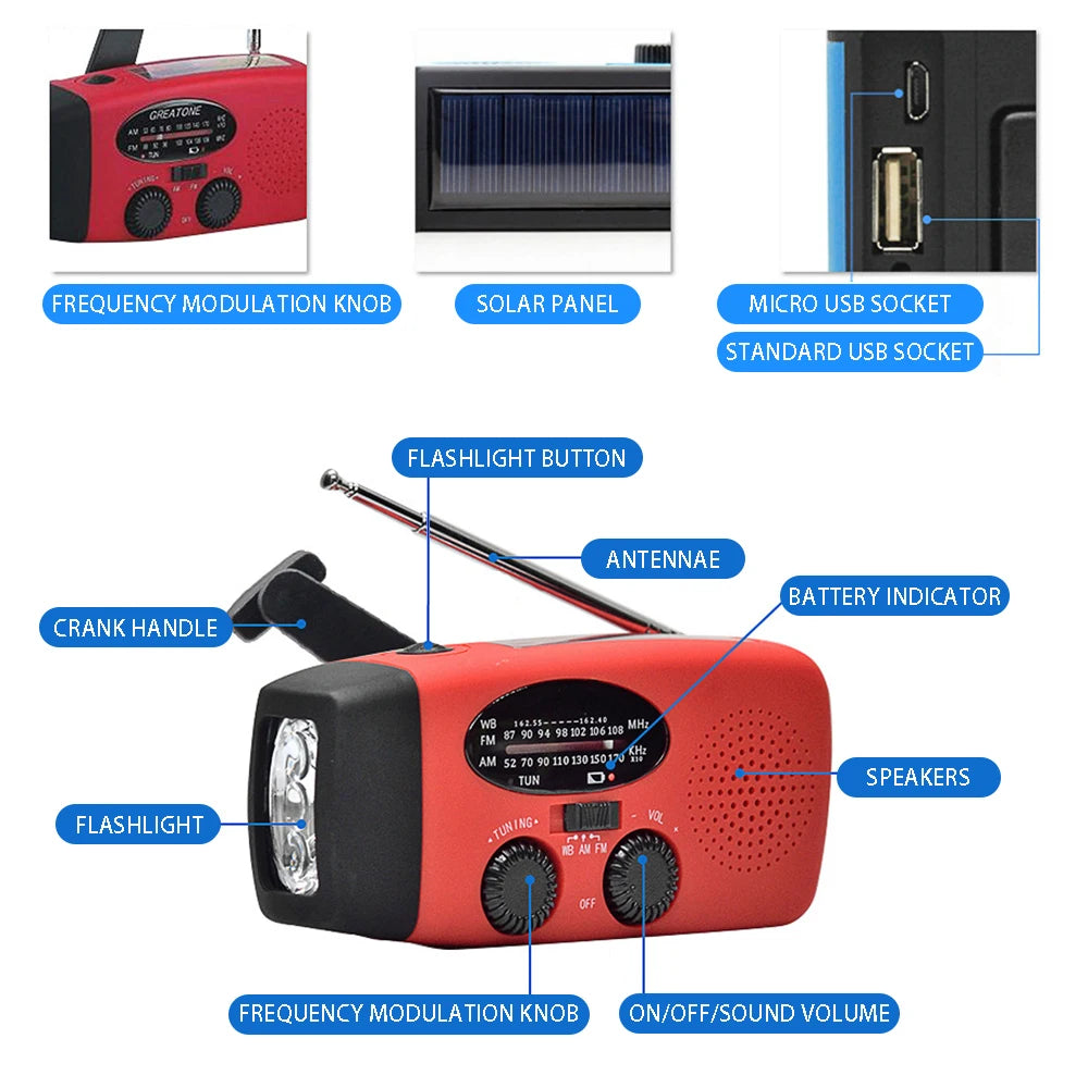 2000mAh high capacity rechargeable radio solar rechargeable emergency light outdoor camping flashlight waterproof portable light