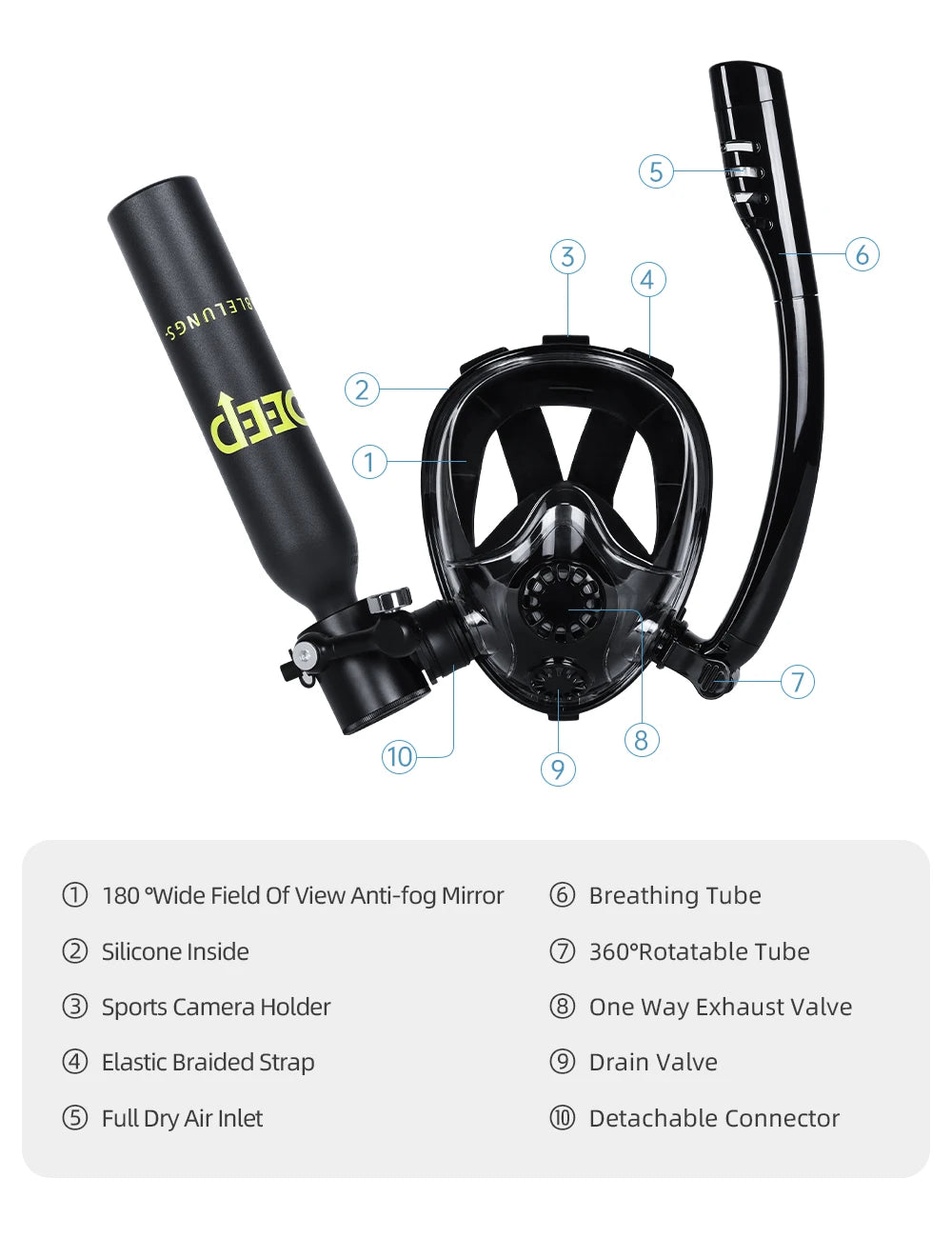 DIDEEP 0.5Liter Mini Scuba Diving Tank Set,Up to 5-10 Mins Underwater Diving Cylinder,Portable Lungs Gear with HD Full Face Mask