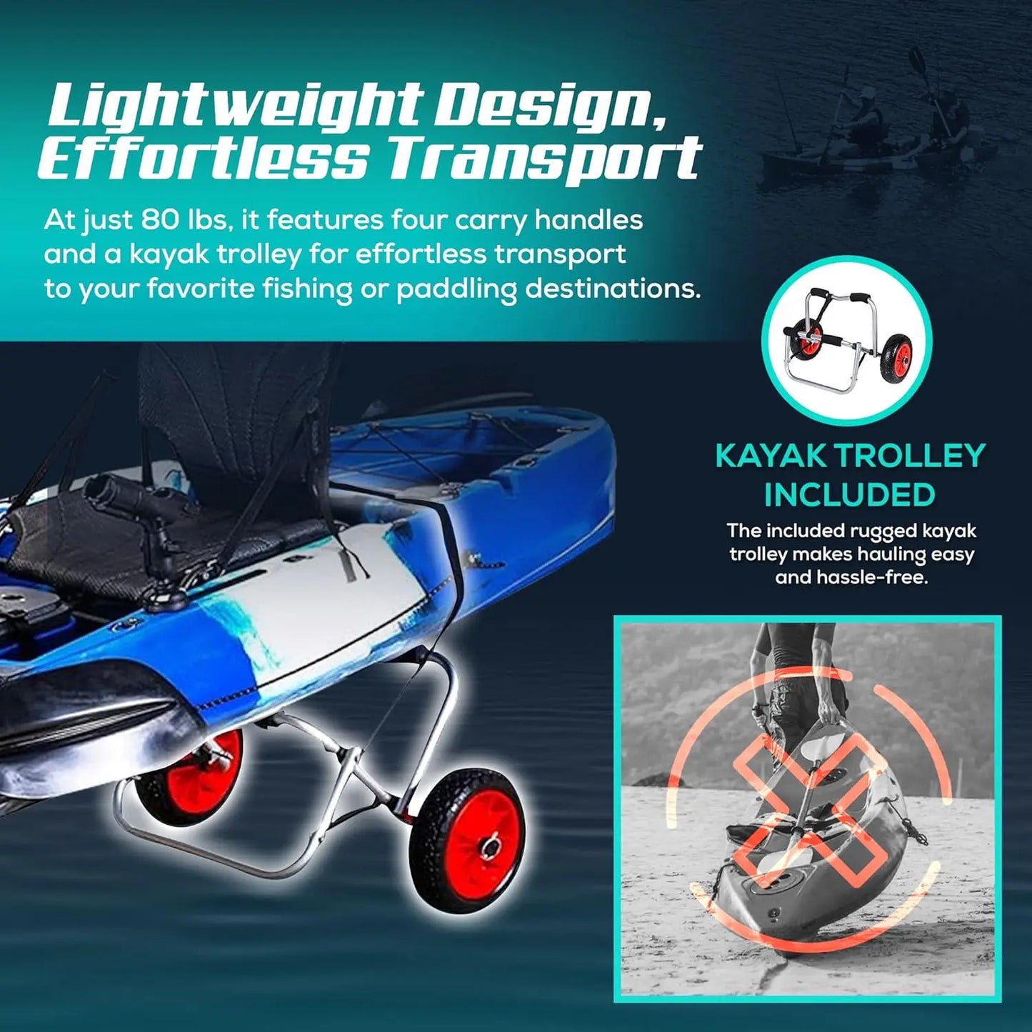 Reel Yaks Tandem Fishing Angler Kayak 12.5ft Sit On Top Boat for 2 3 Persons 550 lbs Capacity Stable W Hull Family Adventure