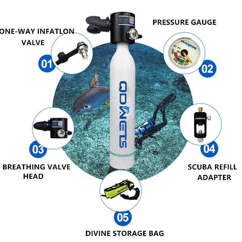 Mini Scuba Diving Tank Equipment Dive Cylinder with 5-10Minutes Capability 0.5 Litre Capacity with Refillable Design QDWETS