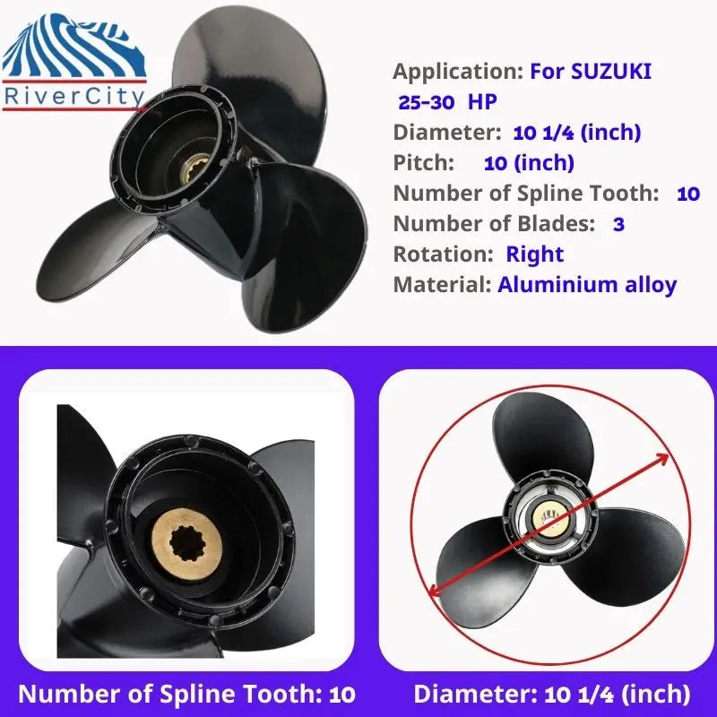 For Suzuki 20HP 25HP 30HP Outboard Propeller 10 1/4X10 Boat Motor Aluminum Alloy Screw Ship Marine Engine 3 Blade 10 Spline