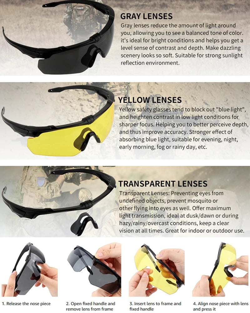 3 Lens Impact-Resistant Shooting Glasses 2.5mm Military Tactical Glasses Anti-Fog Windproof Road Cycling Goggles Antiparras