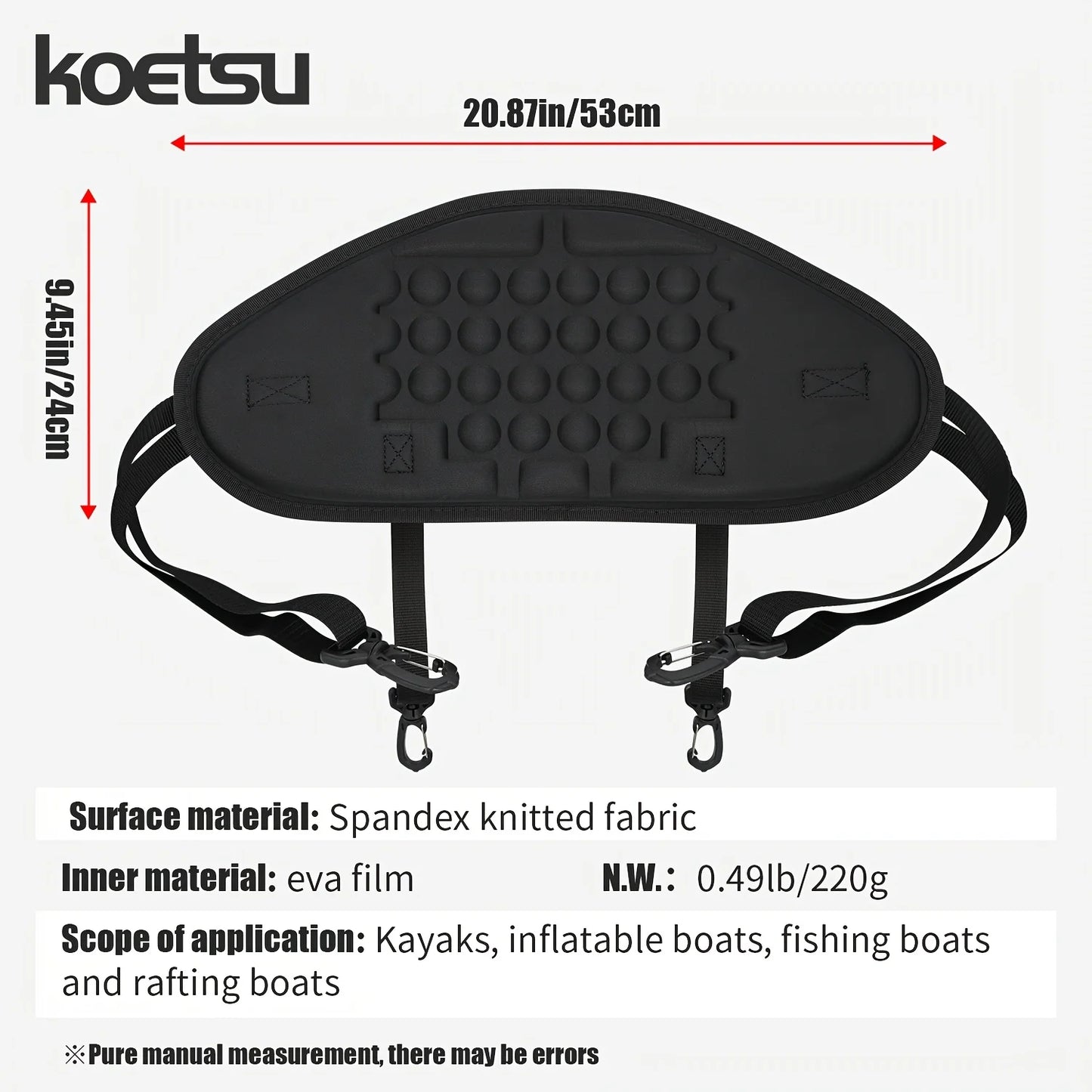 KOETSU Small Canoe Backrest Soft Oxford Cloth Material with 4 Nylon Buckles for Enhanced Support Kayaks Canoes Paddles