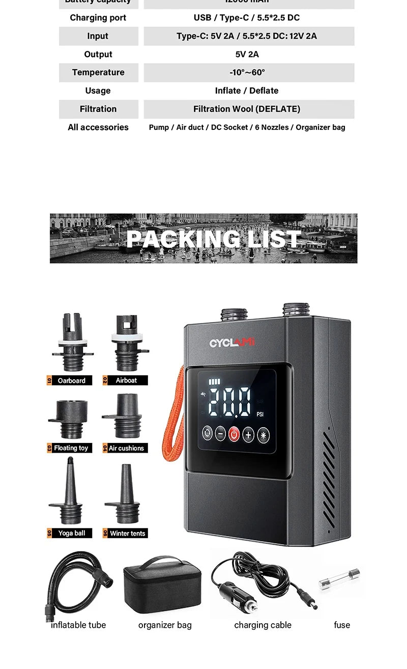 20PSI SUP Pump Stand-Up Paddle Rechargeable Inflatable PVC Boat Kayak Accessories for Stand Board Surfing Kite Tent Mattress