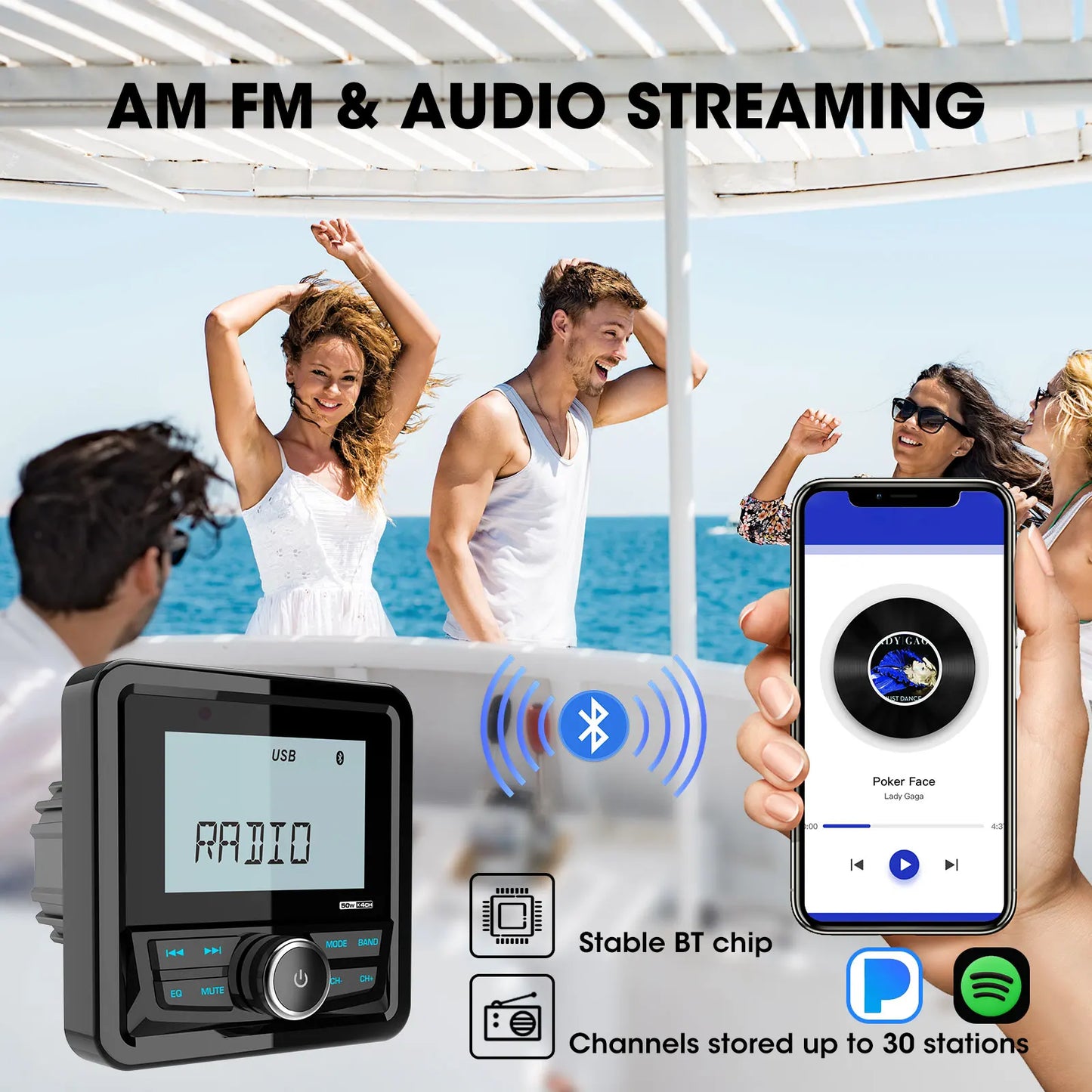 GRANDnavi Bluetooth Marine Stereo Boat Radio FM AM Digital Media Audio Player Waterproof For Yacht ATV UTV Golf Cart Motorcycle