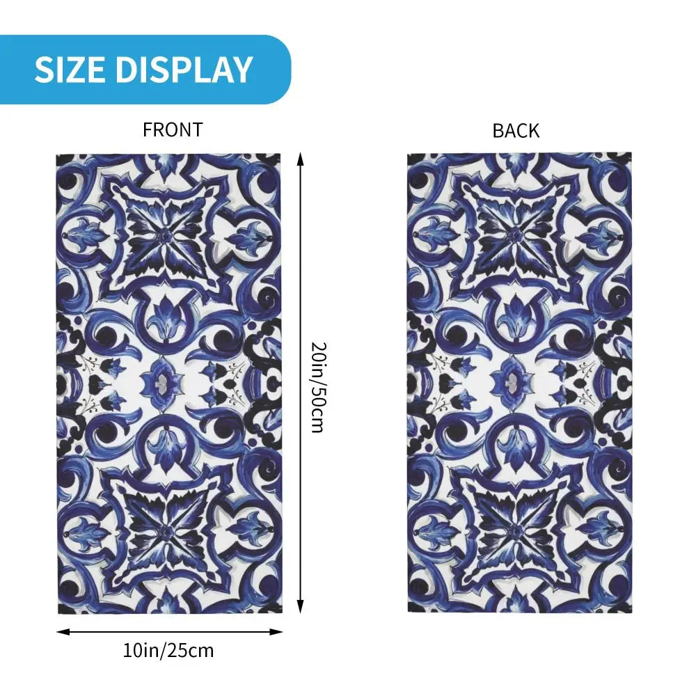 Blue Ornate Floral Mediterranean Sicilian Tile Bandana Neck Cover Mask Scarf Multi-use FaceMask Cycling For Men Adult Washable