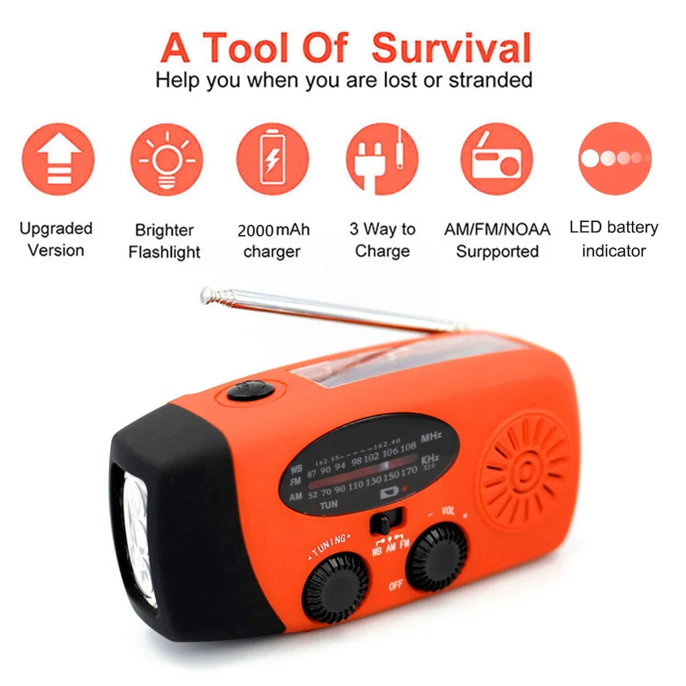 Portable Phone Charger with LED Lights Solar Hand Crank Radio USB Charged & Solar Power Multifunctional for Camping Emergency