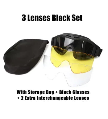 Goggles 3 lenses windproof dustproof shooting off-road motorbike mountain riding hiking glasses safety UV protection