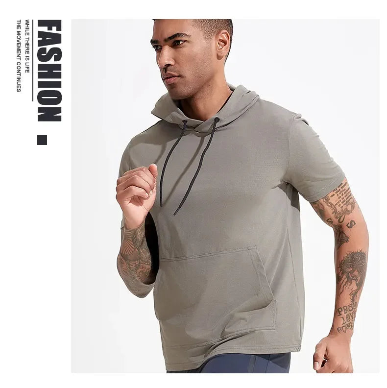 Mens Hoodies Sweatshirts Short Sleeve Tight Sports Jogging Compression Hoodie Outdoor Leisure Tees Casual Solid Color Hoody
