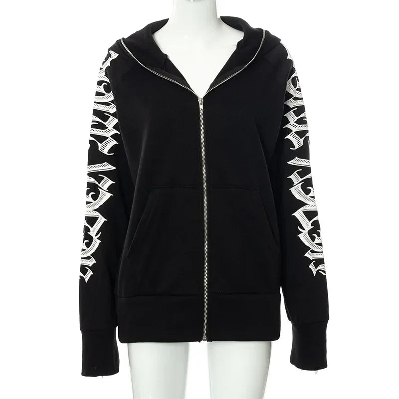 New 2024 Winter Letter Printed Zip Up Hoodie Streetwear Women Cyber Y2k Jackets Cardigan Gothic Punk Clothes Sweatshirts