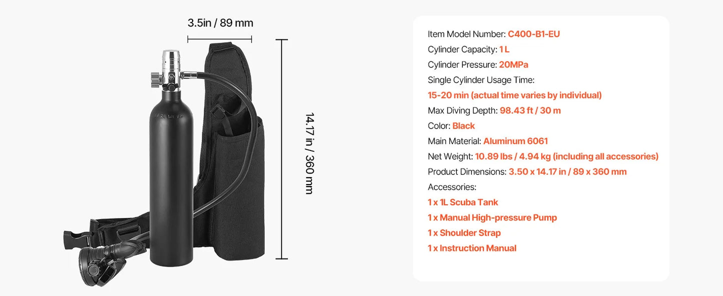 SucceBuy Scuba Tank 0.5 L Portable Diving Tank Diving Oxygen Cylinder Support 5-10 Minutes Underwater Breathing 98.43 ft Depth