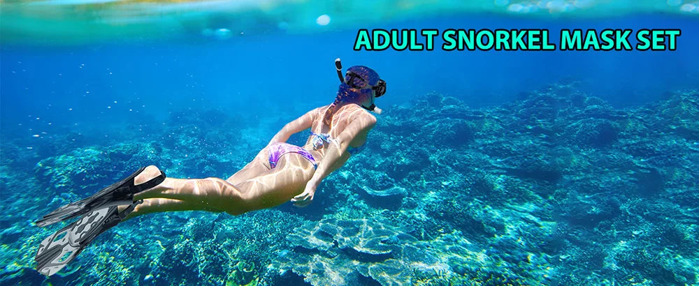 Mask Fin Snorkel Set Snorkel Gear for Adult Panoramic View Snorkel Mask Adjustable Dive Flipper Dry Top Snorkel and Travel Bag