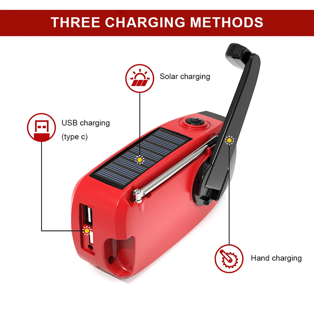 Portable Phone Charger with LED Lights Solar Hand Crank Radio USB Charged & Solar Power Multifunctional for Camping Emergency