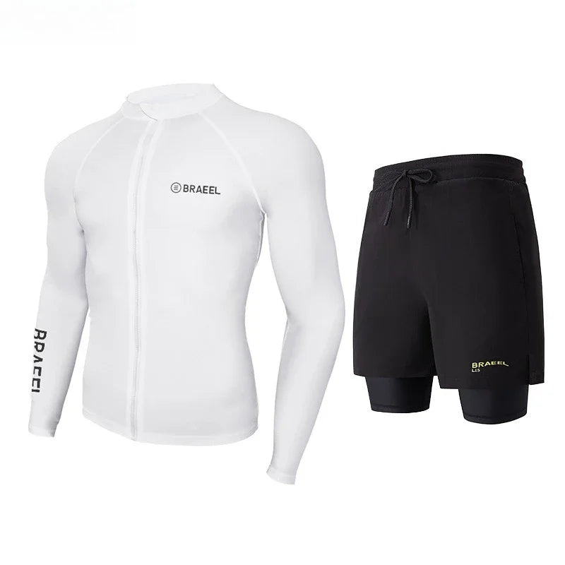 Men’s Long Sleeve Swimwear UV Protection Diving Snorkel Suit Quick Dry Wetsuit for Surfing Windsurfing Water Sports Shorts