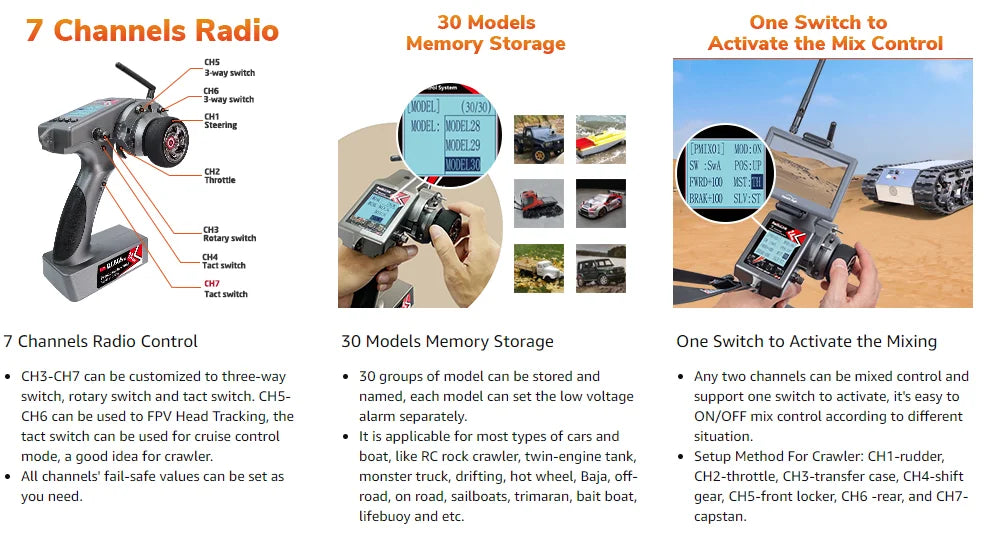 Radiolink RC6GS V3 2.4G 7 Channel Radio Transmitter with R7FG Receiver Gyro Telemetry Included Remote Controller for RC Car Boat