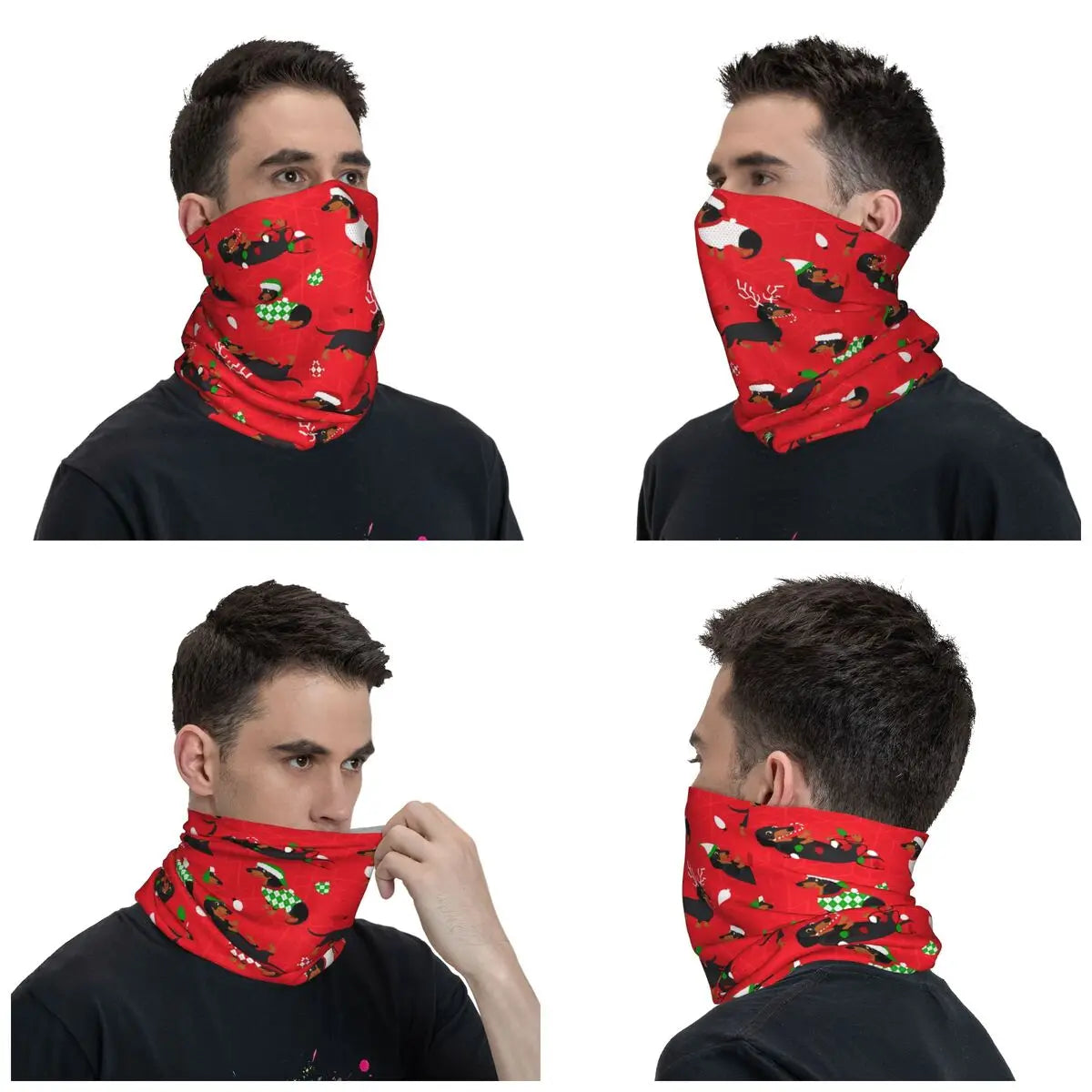 Christmas Dachshunds Red Bandana Neck Gaiter Printed Dog Balaclavas Wrap Scarf Multifunctional Headband Hiking for Men Women