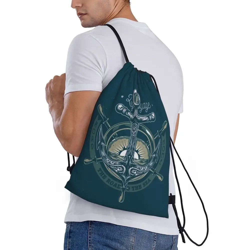 Custom Anchor And Navy Blue Stripes Drawstring Backpack Women Men Gym Sport Sackpack Portable Nautical Sailor Shopping Bag Sack