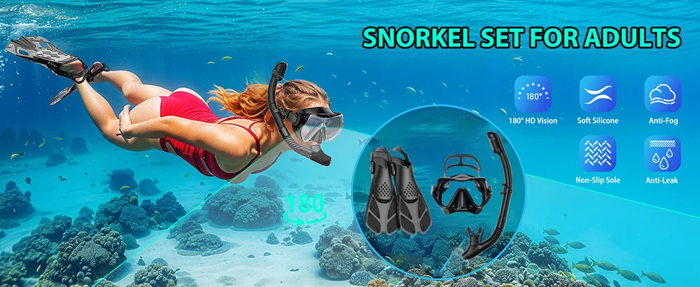 Mask Fin Snorkel Set Snorkel Gear for Adult Panoramic View Snorkel Mask Adjustable Dive Flipper Dry Top Snorkel and Travel Bag