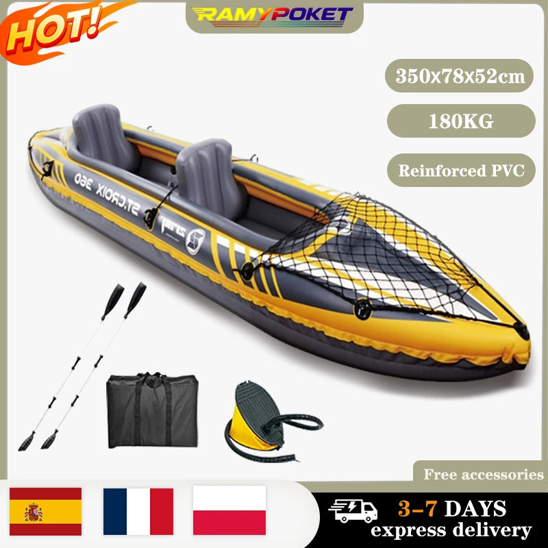 RAMYPOKET Inflatable Kayak  For 2 persons,Inflatable Boat With Robust PVC Outer Shel,350×78×52cm，Includes 2 Aluminum Paddles